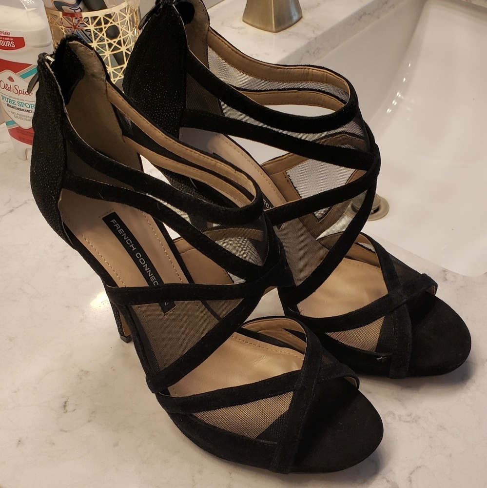 French Connection black suede and mesh heels